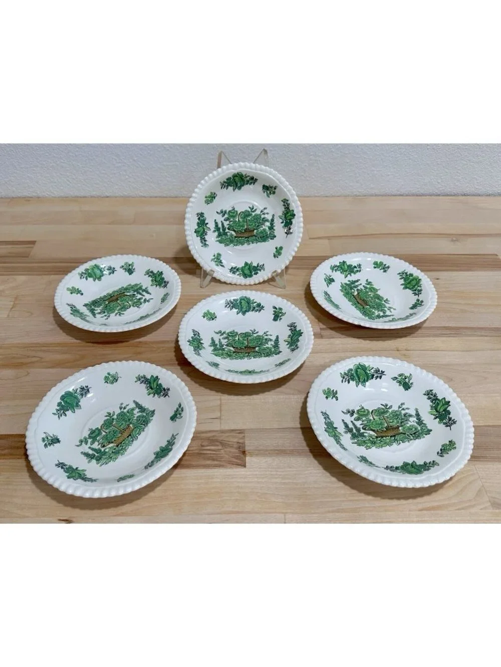 Vintage Copeland Spode Green Basket Salad Fruit Dessert Bowls Set Of 6, Pls READ